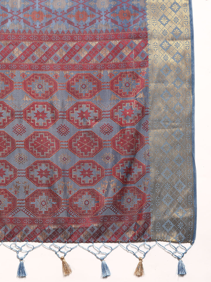 Blue Resham Thread Woven Silk Saree With Golden Zari Border