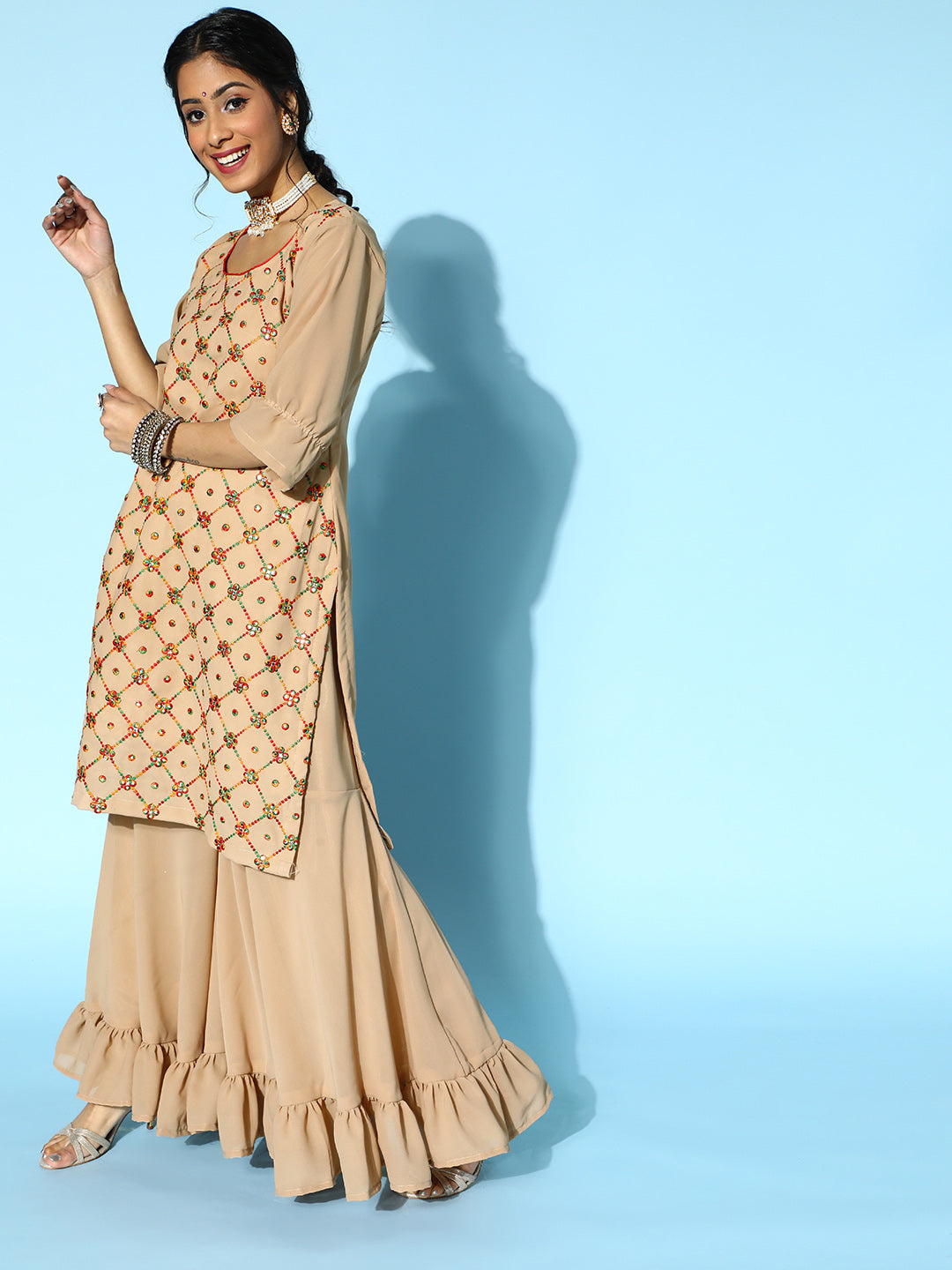 Georgettte Resham Embroidery & Mirror Work Sharara Set