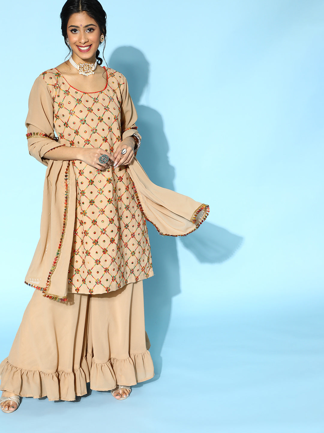 Georgettte Resham Embroidery & Mirror Work Sharara Set