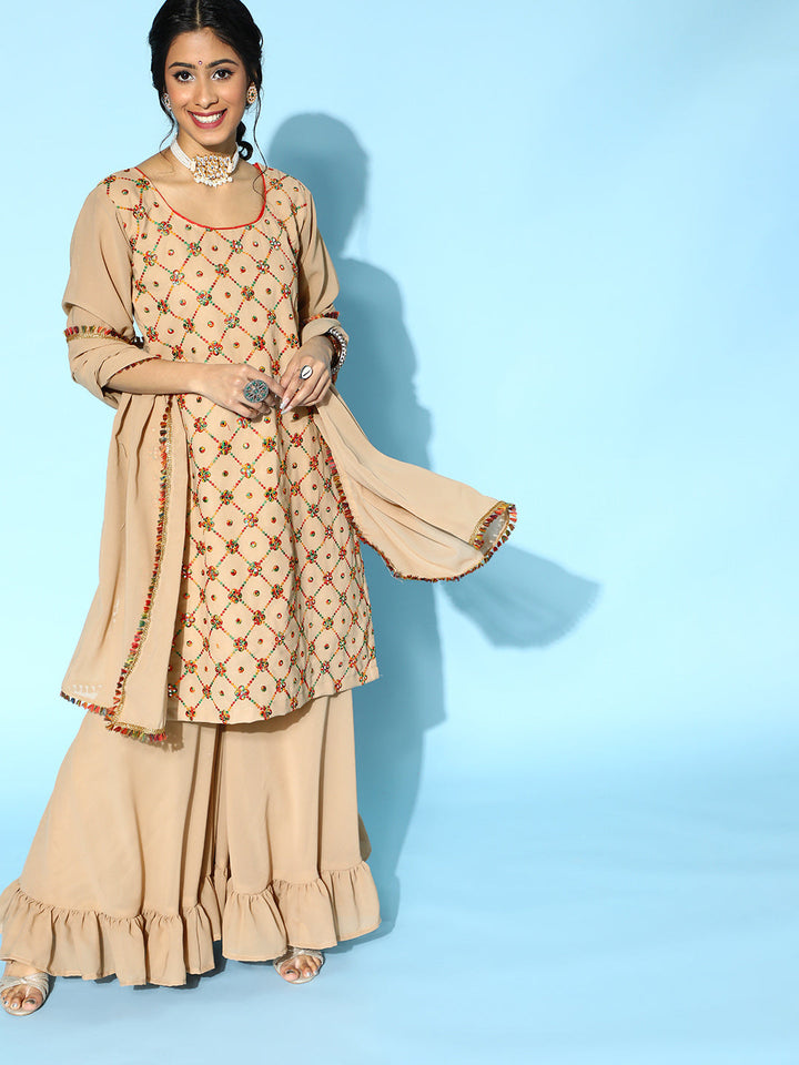 Georgettte Resham Embroidery & Mirror Work Sharara Set