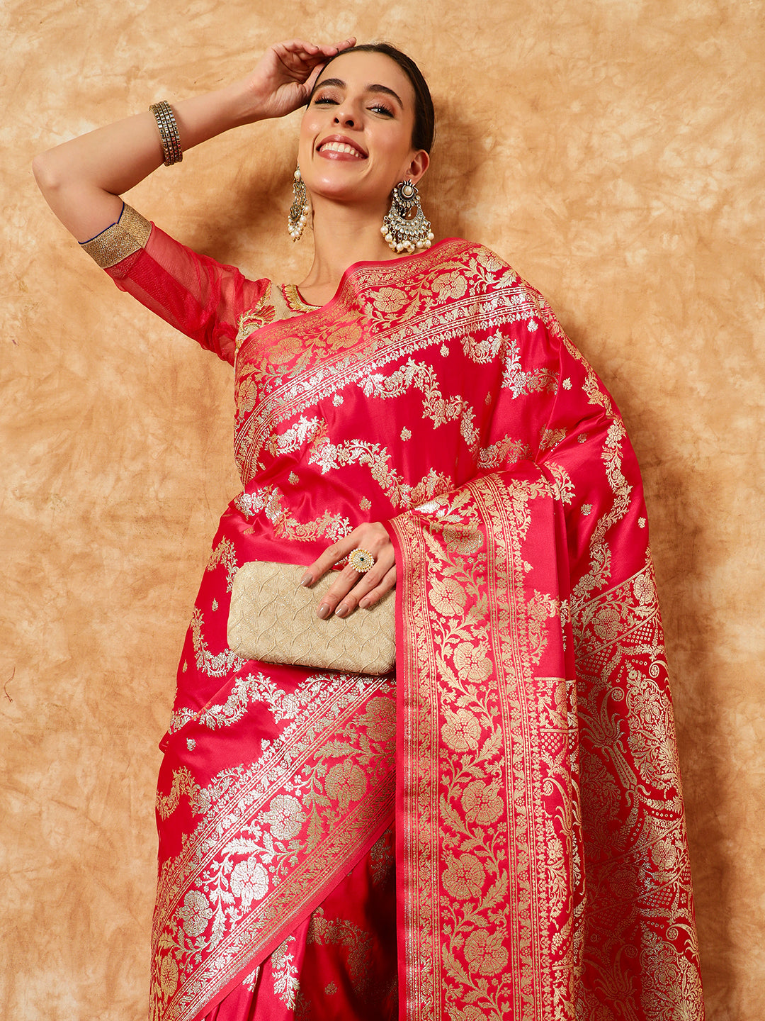 Chhabra 555 Coral Handloom Banarasi Pure Silk Traditional Saree with Geometrical Resham Zari Weaving