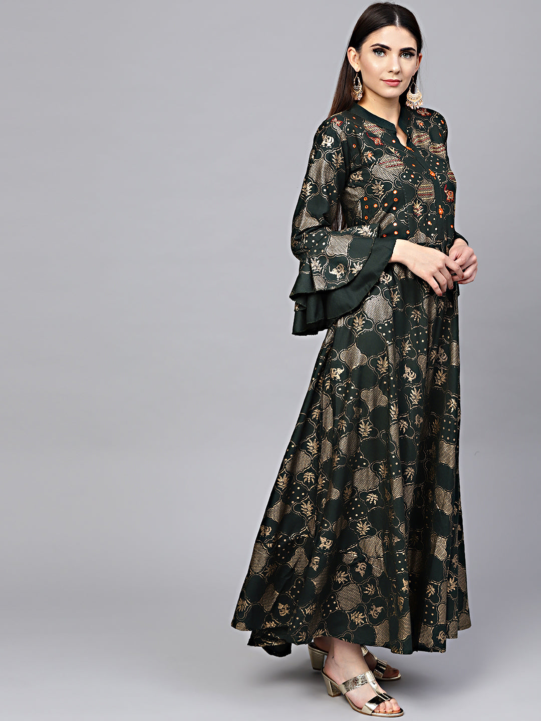 Anarkali Flared Dress with Foil Print and Layered Bell Sleeves