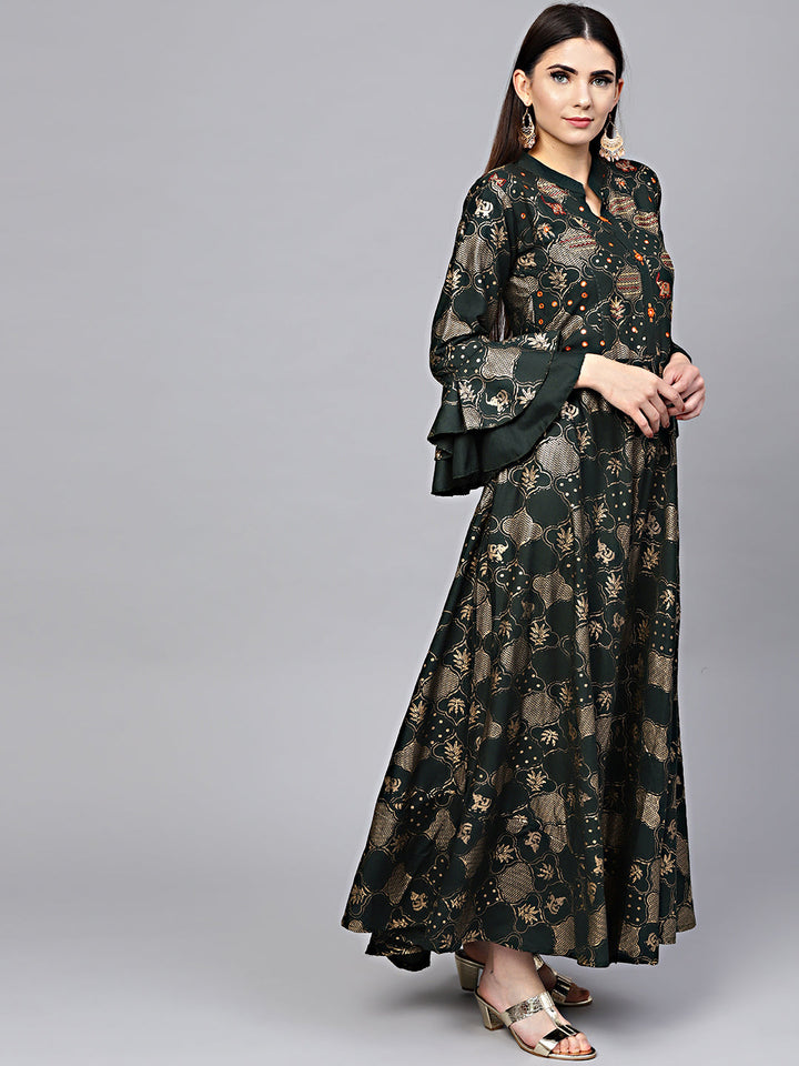 Anarkali Flared Dress with Foil Print and Layered Bell Sleeves