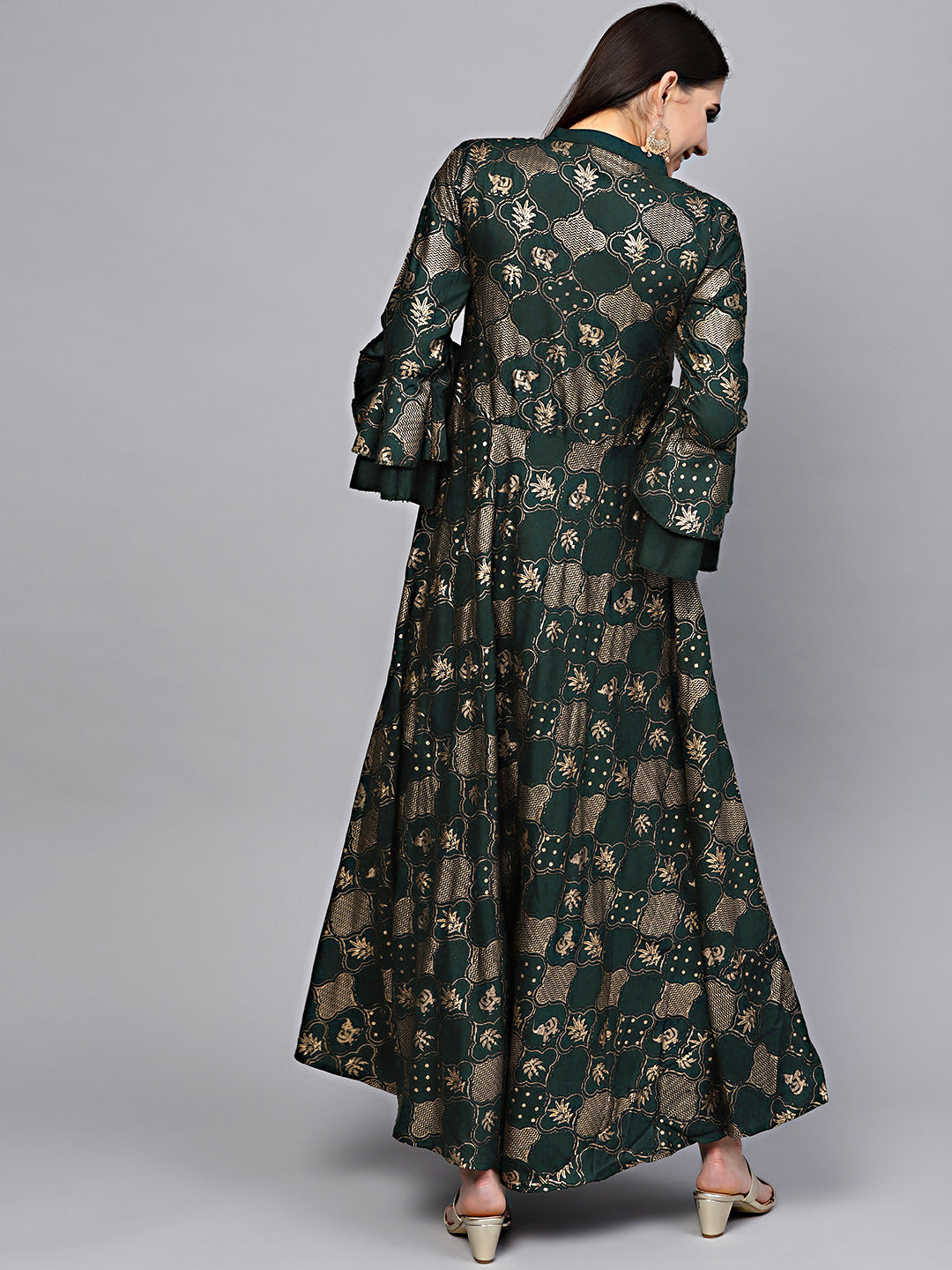 Anarkali Flared Dress with Foil Print and Layered Bell Sleeves