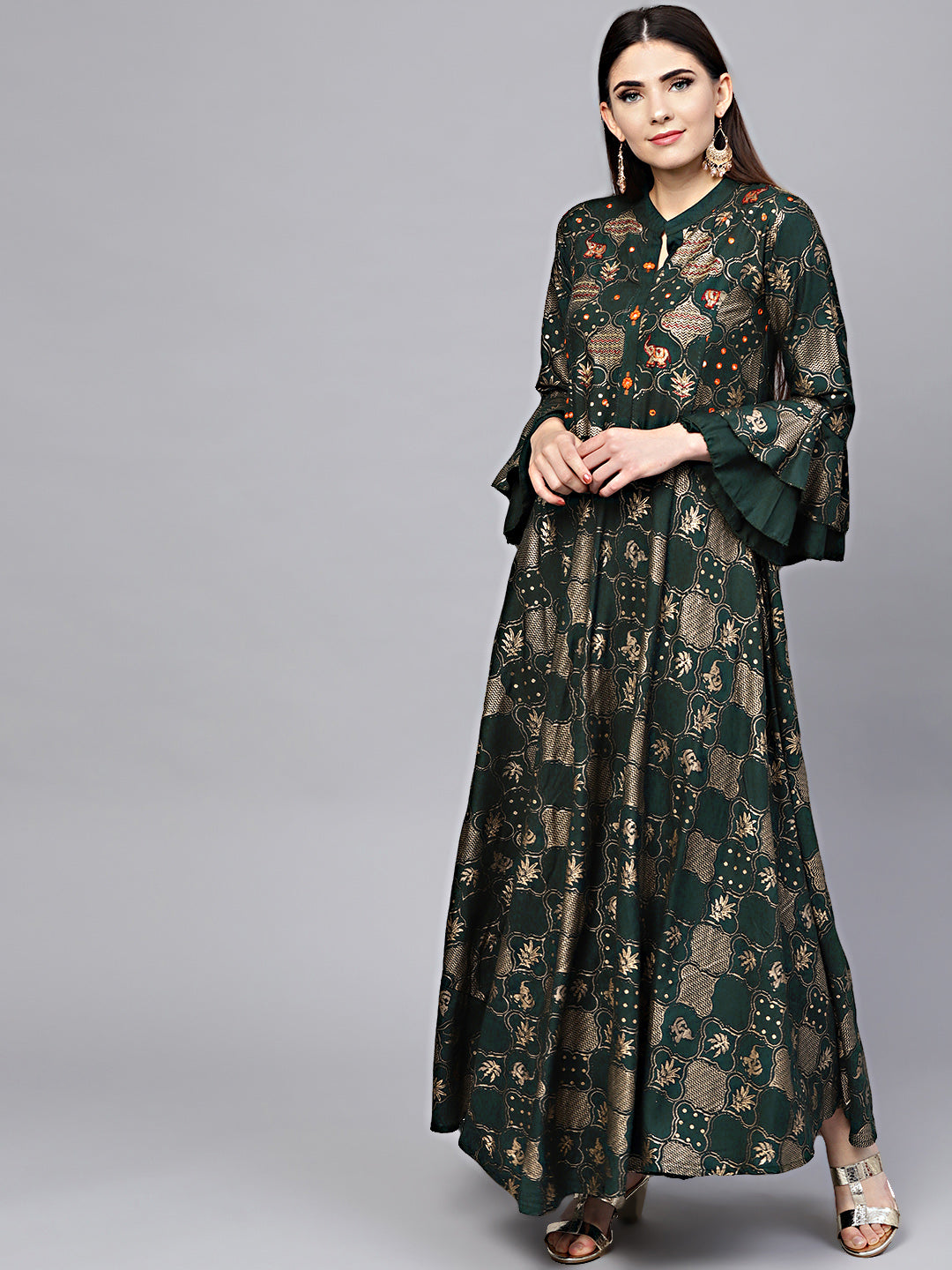 Anarkali Flared Dress with Foil Print and Layered Bell Sleeves