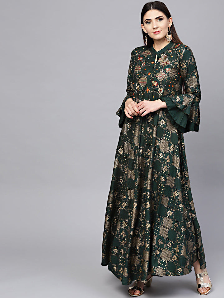 Anarkali Flared Dress with Foil Print and Layered Bell Sleeves