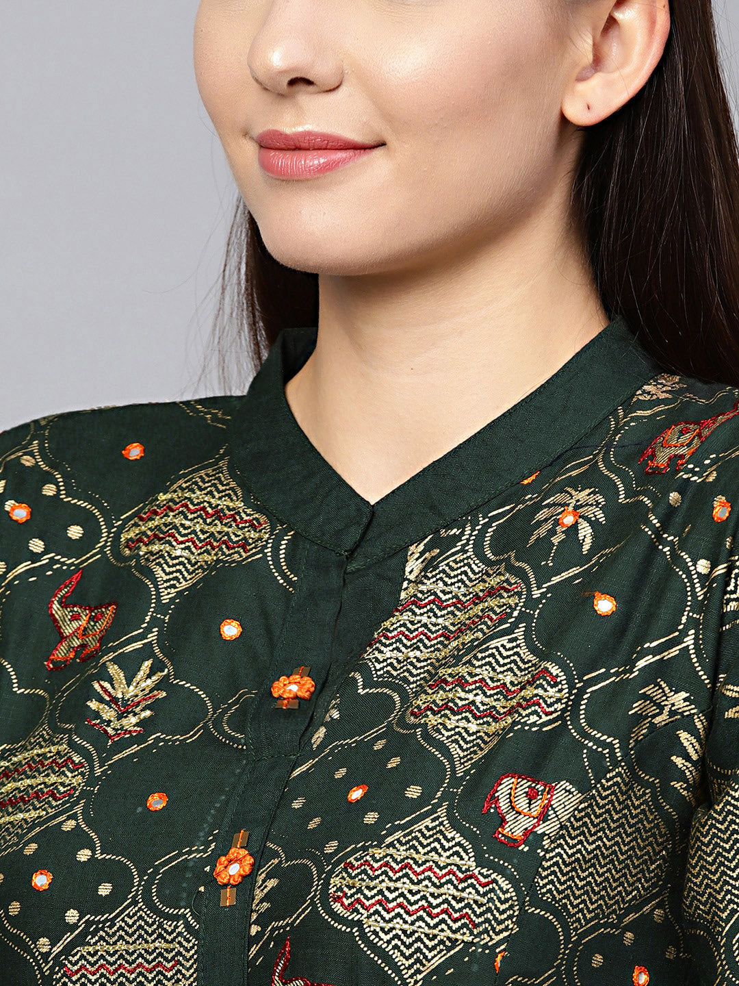 Anarkali Flared Dress with Foil Print and Layered Bell Sleeves