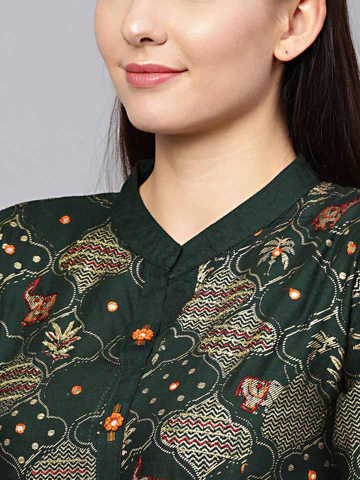 Anarkali Flared Dress with Foil Print and Layered Bell Sleeves