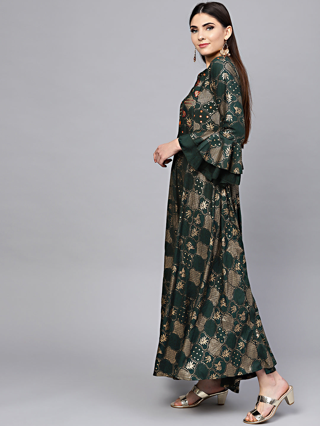 Anarkali Flared Dress with Foil Print and Layered Bell Sleeves