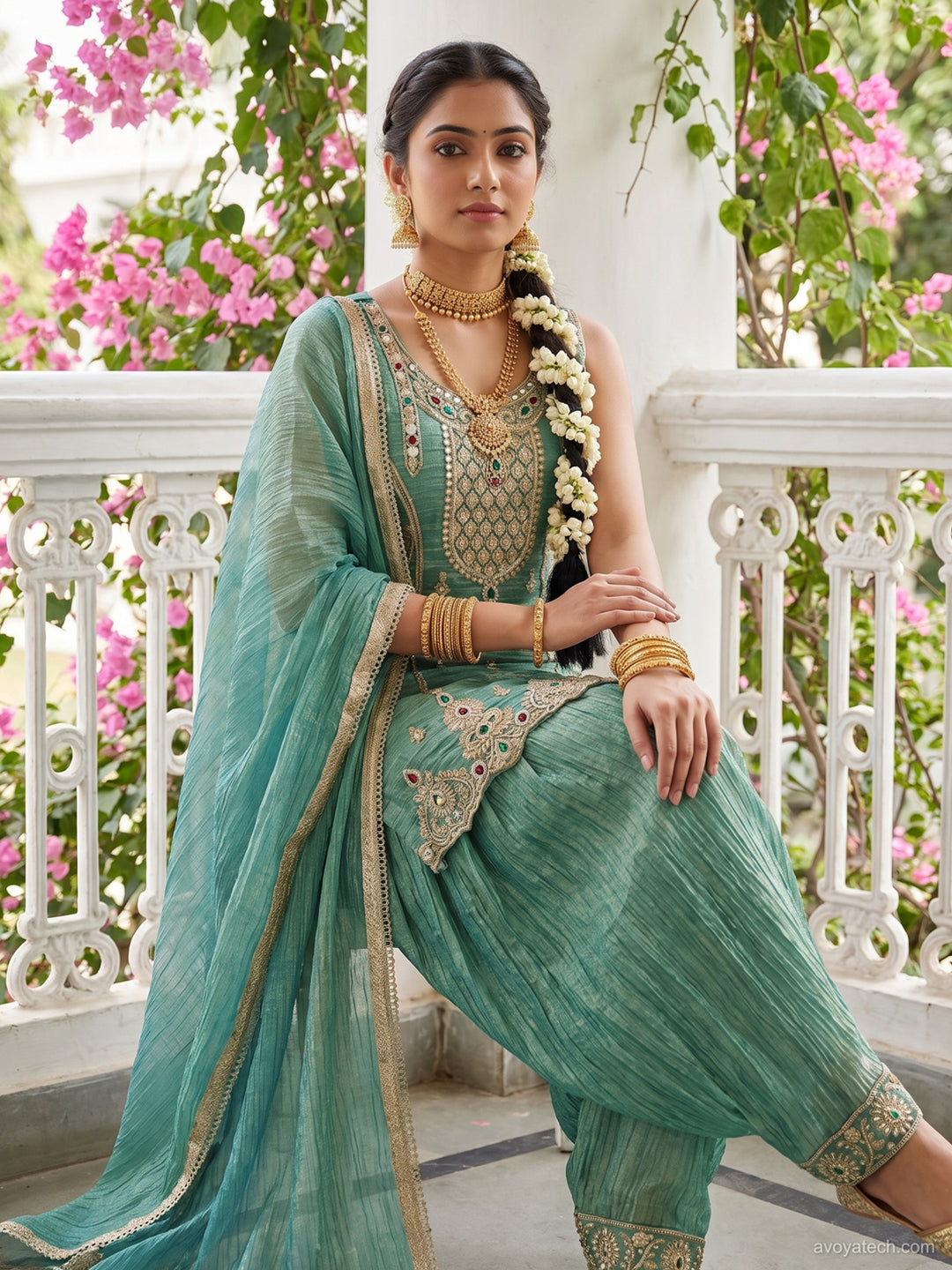 Sea Green Stone Embroidered Suit with Salwar and Dupatta