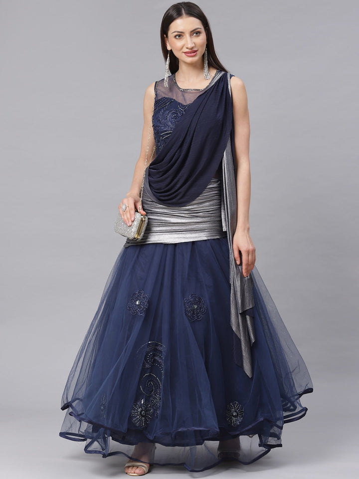 Made to Measure Embellished Sequinned Cocktail Gown with Draped Attached Dupatta