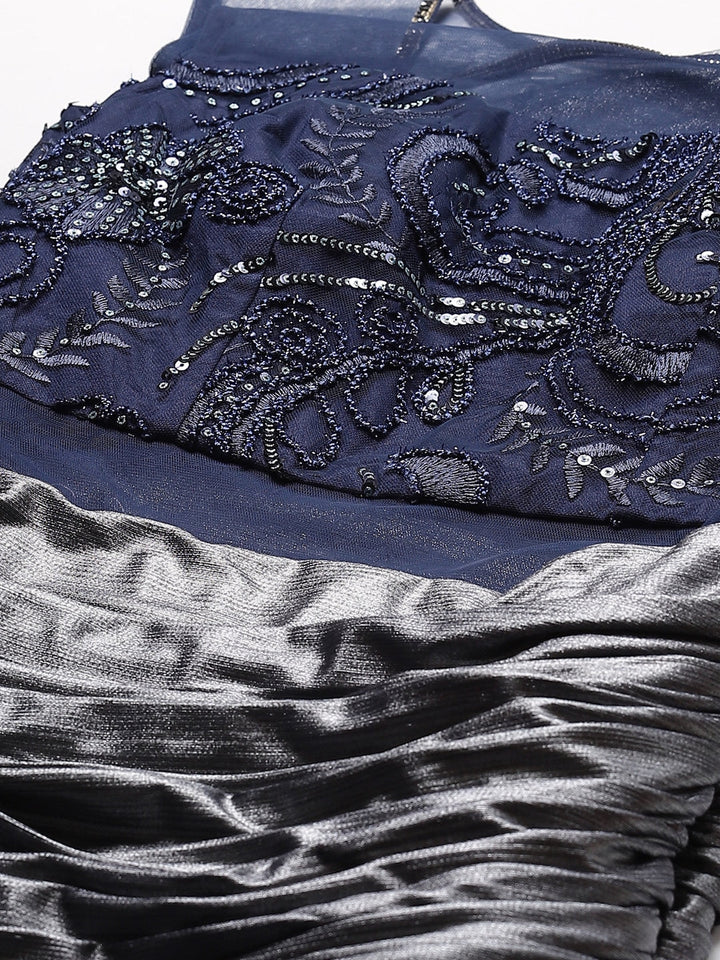 Made to Measure Embellished Sequinned Cocktail Gown with Draped Attached Dupatta