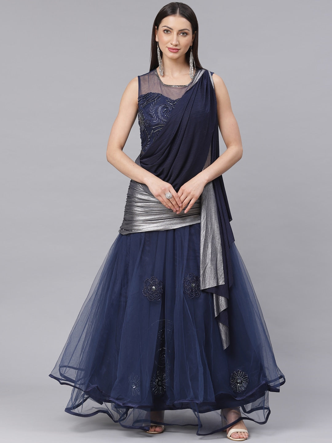 Made to Measure Embellished Sequinned Cocktail Gown with Draped Attached Dupatta