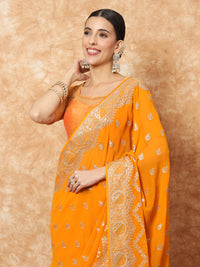 Chhabra 555 Mustard Georgette Haldi Saree with Intricate Resham Embroidery & Crystal Embellishments 