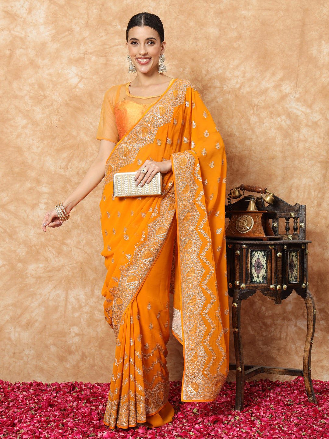 Mustard Georgette Haldi Saree with Crystal Embellishments