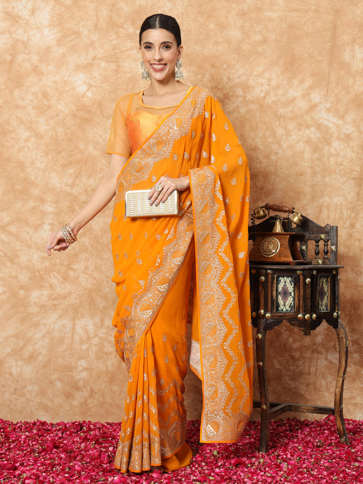 Mustard Georgette Haldi Saree with Crystal Embellishments