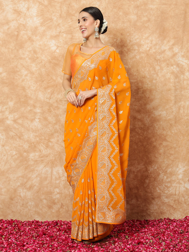 Mustard Georgette Haldi Saree with Crystal Embellishments