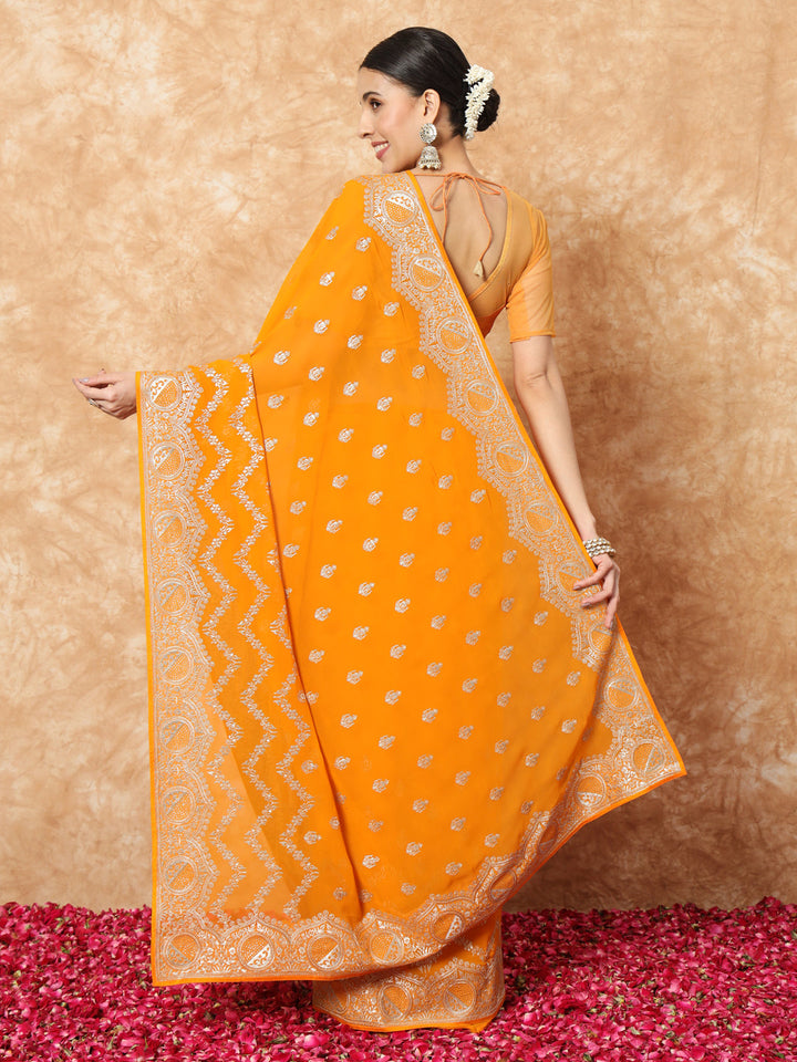 Mustard Georgette Haldi Saree with Crystal Embellishments