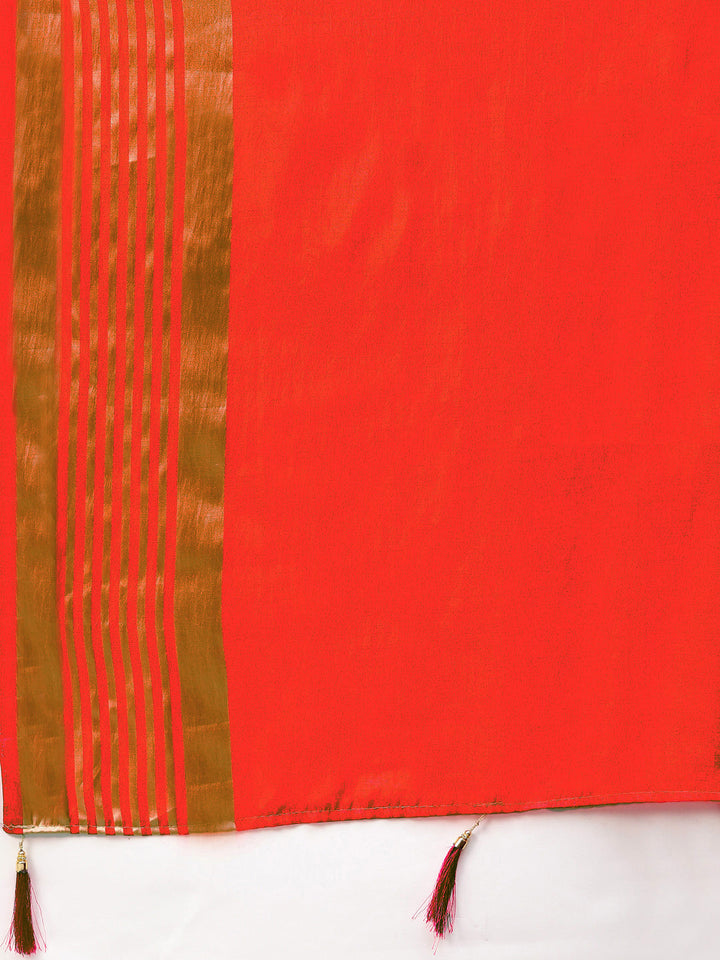 Satin Silk Saree with Zari Woven Stripes and Brocade Blouse