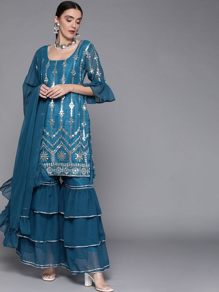 Mirror Work Embellished Kurta With 3 Layered Sharara & Ruffled Dupatta