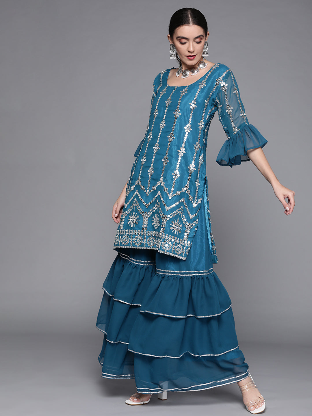 Mirror Work Embellished Kurta With 3 Layered Sharara & Ruffled Dupatta