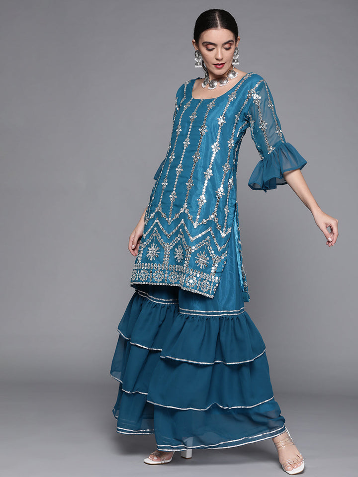 Mirror Work Embellished Kurta With 3 Layered Sharara & Ruffled Dupatta
