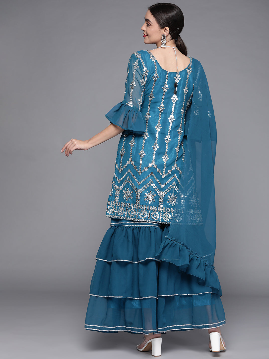 Mirror Work Embellished Kurta With 3 Layered Sharara & Ruffled Dupatta