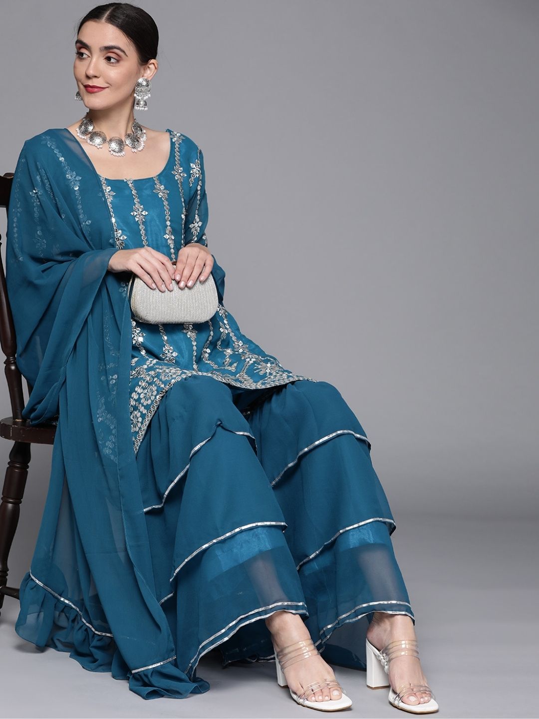 Mirror Work Embellished Kurta With 3 Layered Sharara & Ruffled Dupatta
