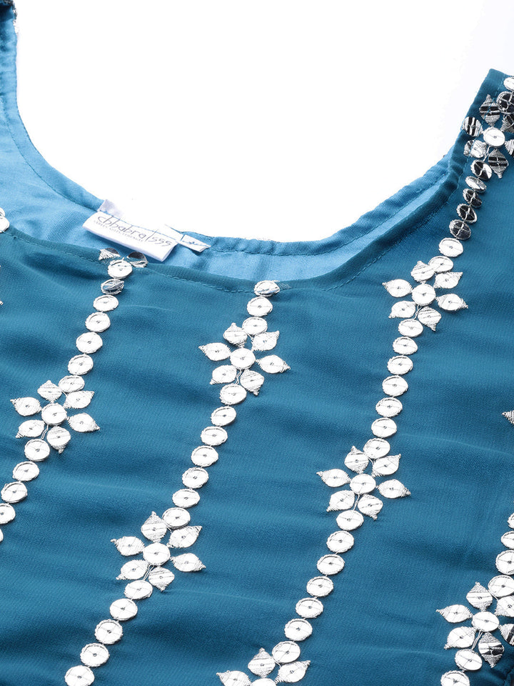 Mirror Work Embellished Kurta With 3 Layered Sharara & Ruffled Dupatta