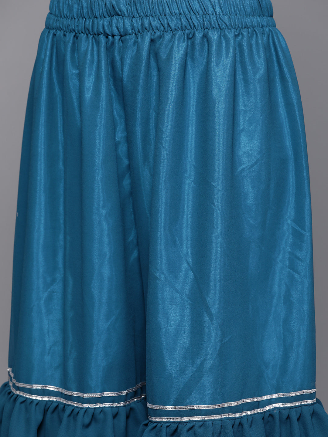 Mirror Work Embellished Kurta With 3 Layered Sharara & Ruffled Dupatta