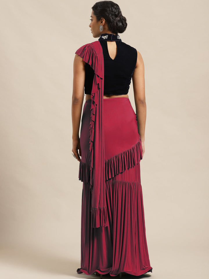 Magenta Pink Ruffles Pre-Draped Lycra Saree with Frills and Embroidered Velvet Blouse