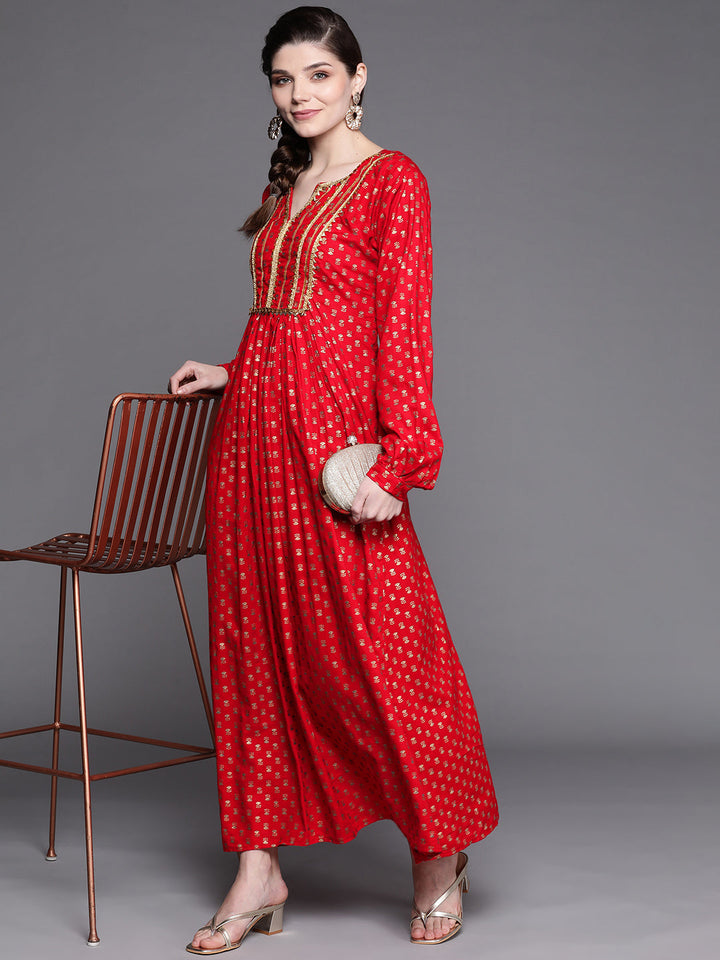 Made to Measure Red Foil Print Dress with Floral motifs & Gota Patti Embellishments