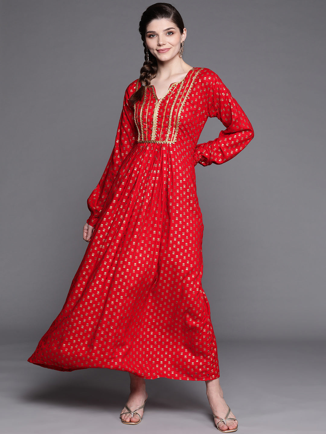 Made to Measure Red Foil Print Dress with Floral motifs & Gota Patti Embellishments