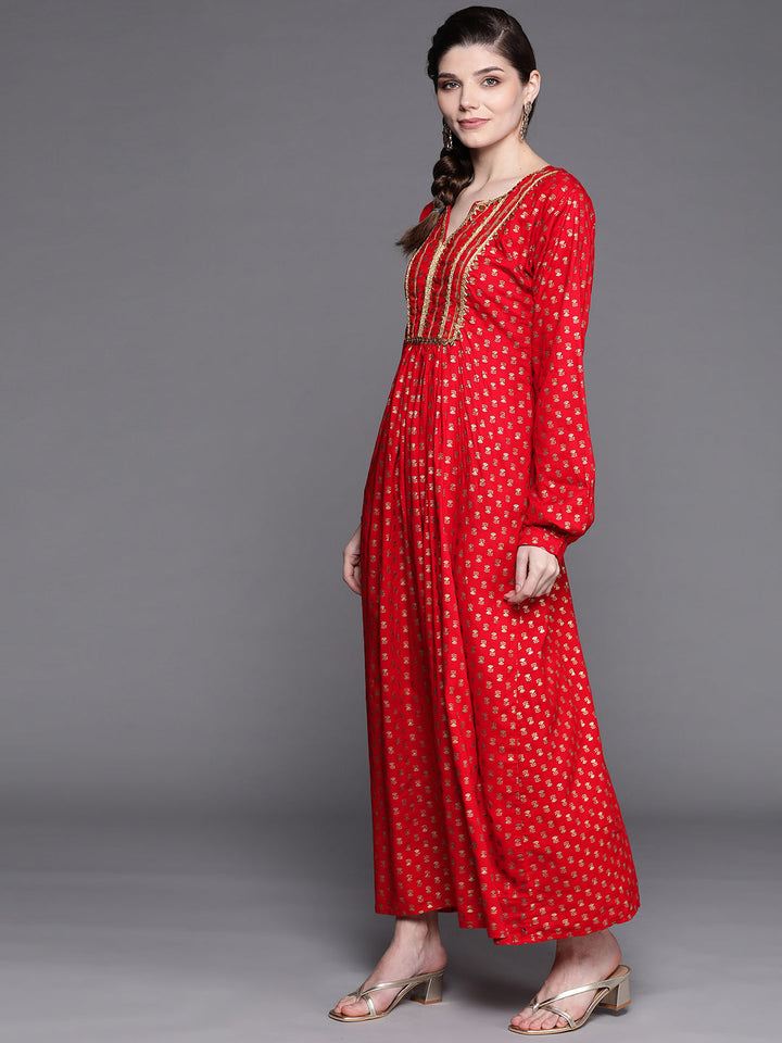 Made to Measure Red Foil Print Dress with Floral motifs & Gota Patti Embellishments