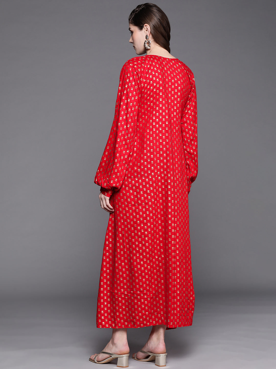 Made to Measure Red Foil Print Dress with Floral motifs & Gota Patti Embellishments