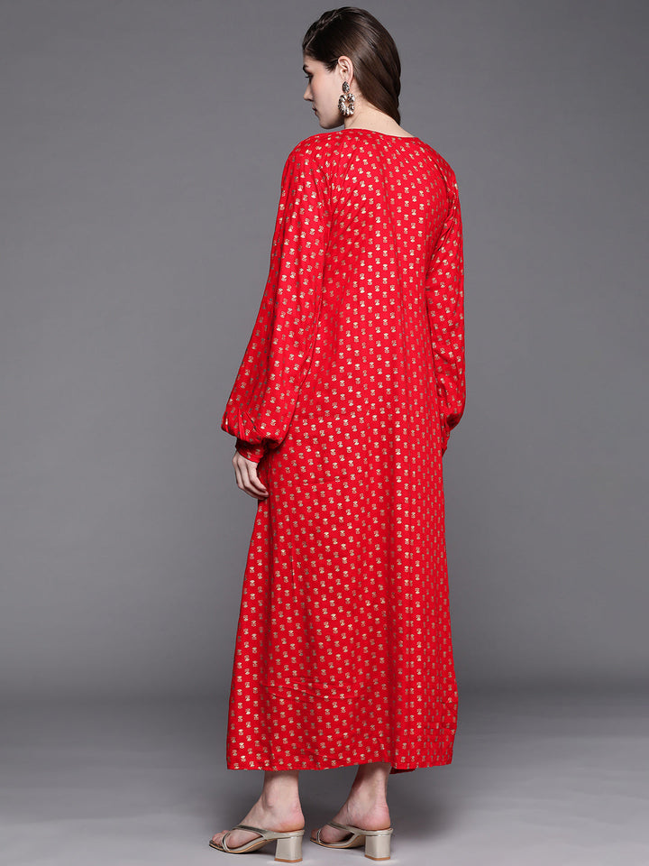 Made to Measure Red Foil Print Dress with Floral motifs & Gota Patti Embellishments