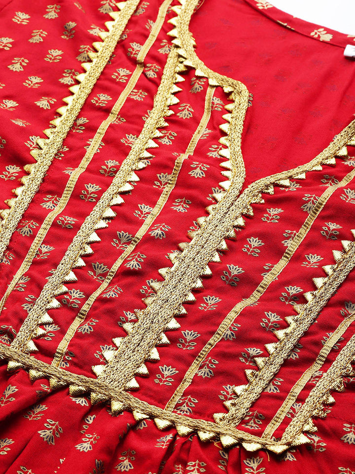 Made to Measure Red Foil Print Dress with Floral motifs & Gota Patti Embellishments