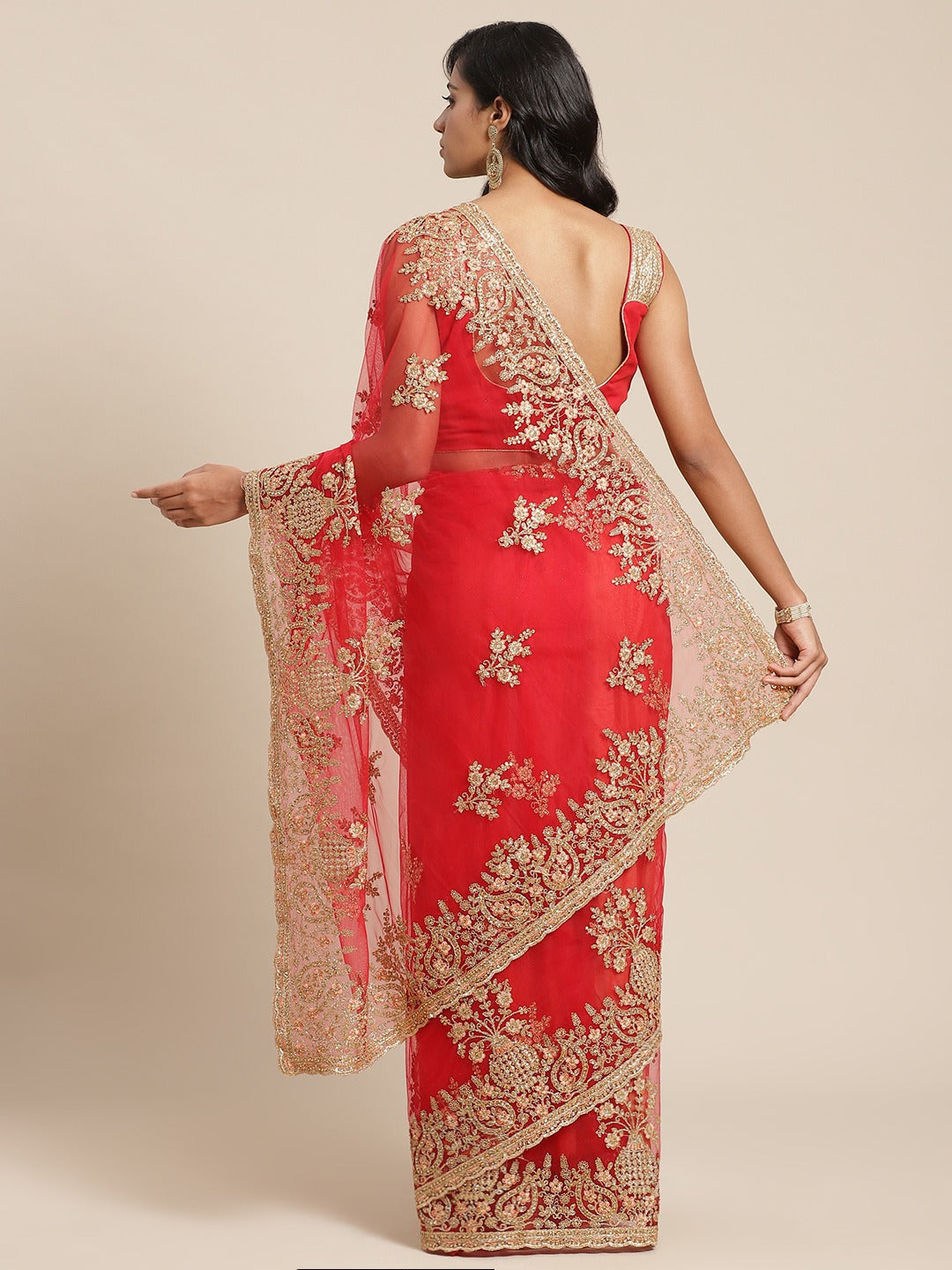 Red Resham Embroidered Net Saree with Zari and Crystal Embellishments