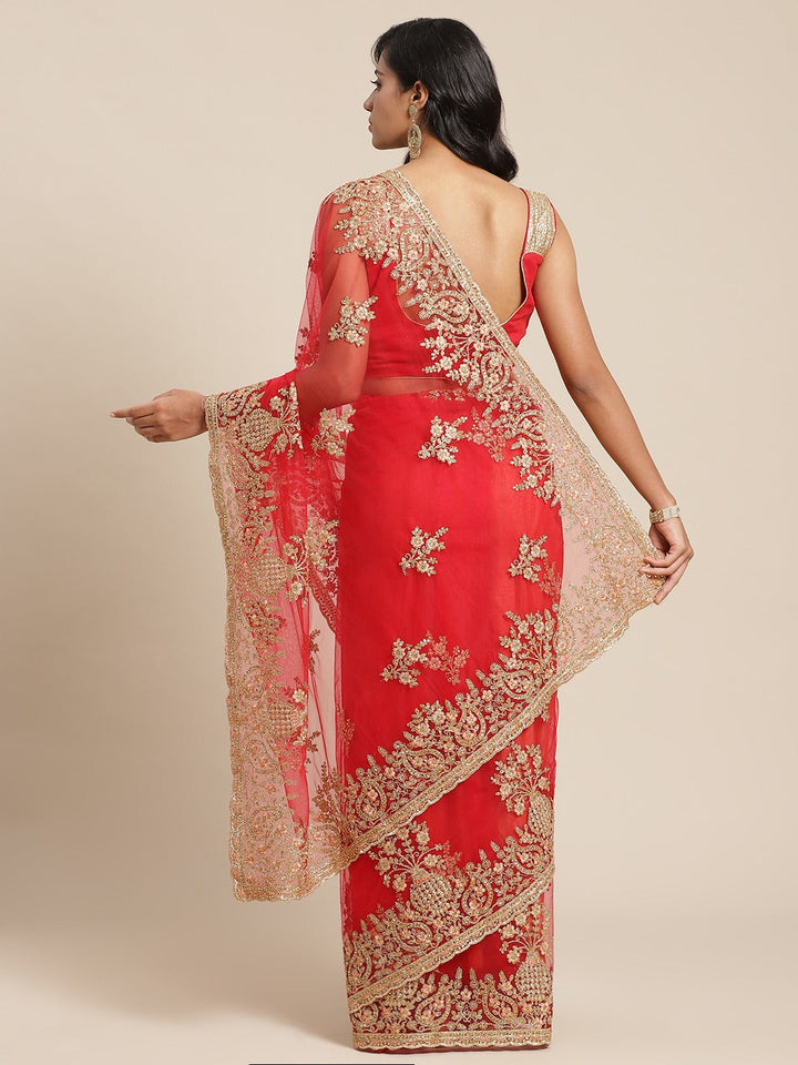 Red Crystal Embellishmed Net Saree with Zari and Resham Embroidery