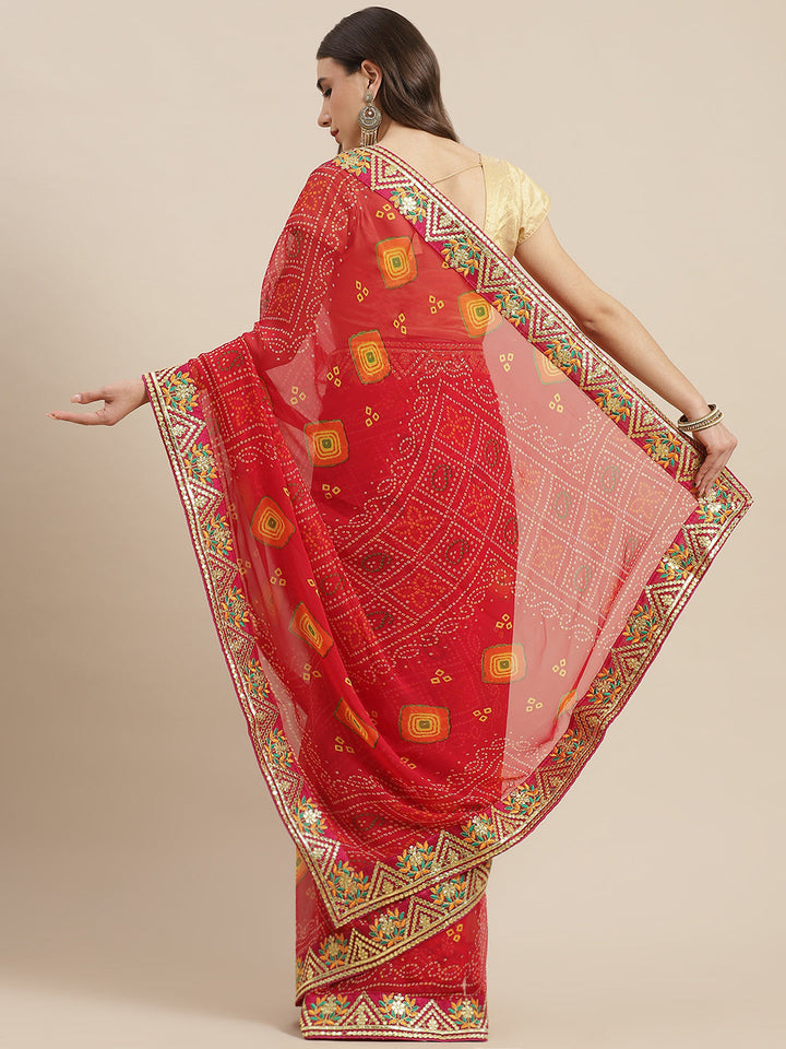 Red Jaipur Bandhani Prints Geogette Saree With Embroidery Border