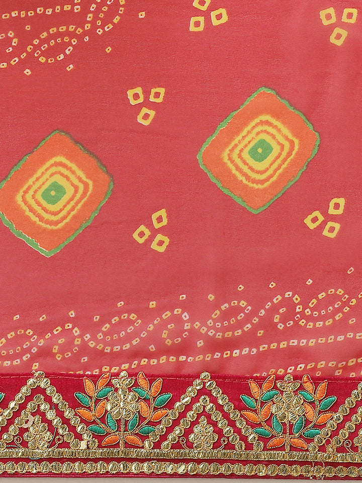 Red Jaipur Bandhani Prints Geogette Saree With Embroidery Border