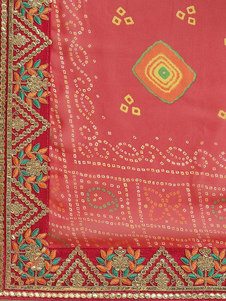 Red Jaipur Bandhani Prints Geogette Saree With Embroidery Border