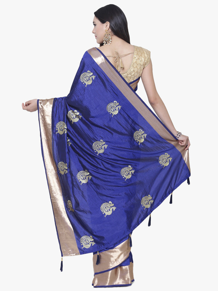 Blue Art Silk Peacock Design Embroidery Party Wear Saree