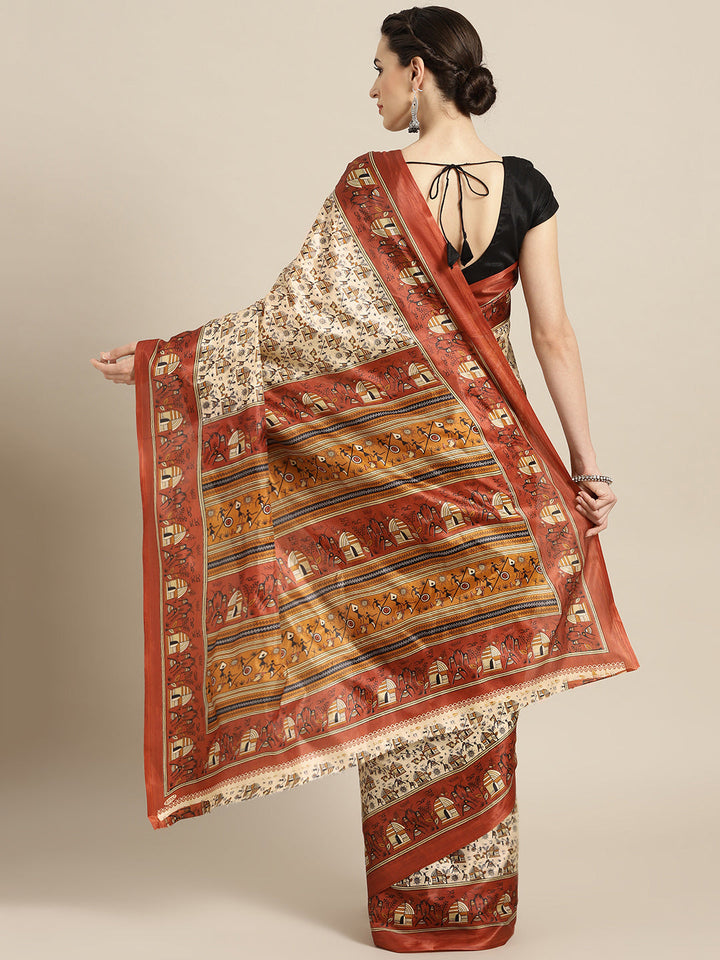 Tribal Inspired Printed Bhagalpuri Saree with Animal and Stick Figurines
