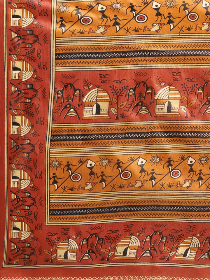 Tribal Inspired Printed Bhagalpuri Saree with Animal and Stick Figurines