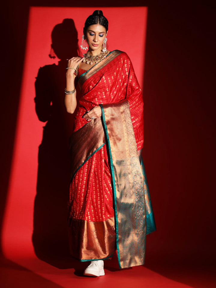Red Banarasi Silk Saree with Copper Weaving & Contrast Border