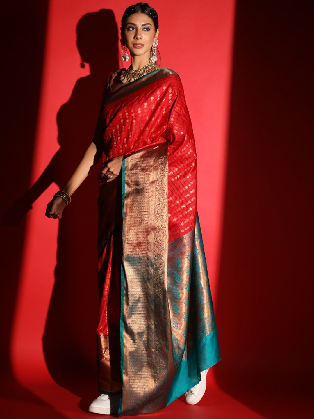 Red Banarasi Silk Saree with Copper Weaving & Contrast Border