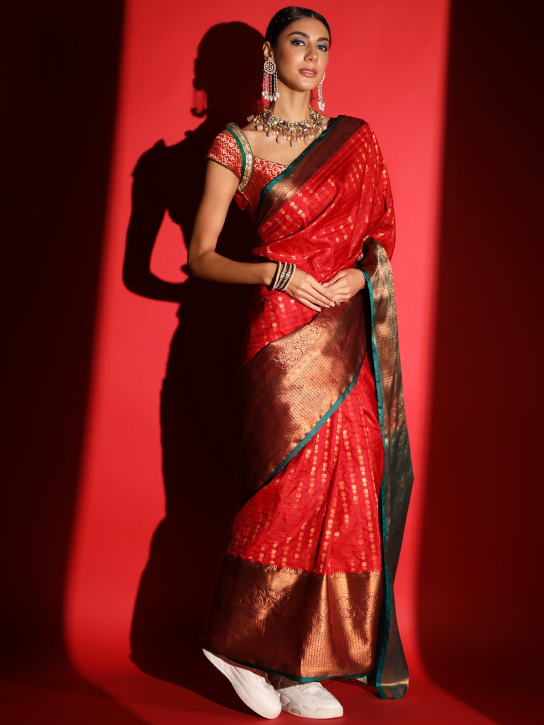Red Banarasi Silk Saree with Copper Weaving & Contrast Border