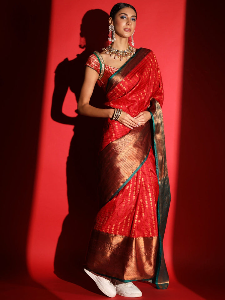 Red Banarasi Silk Saree with Copper Weaving & Contrast Border