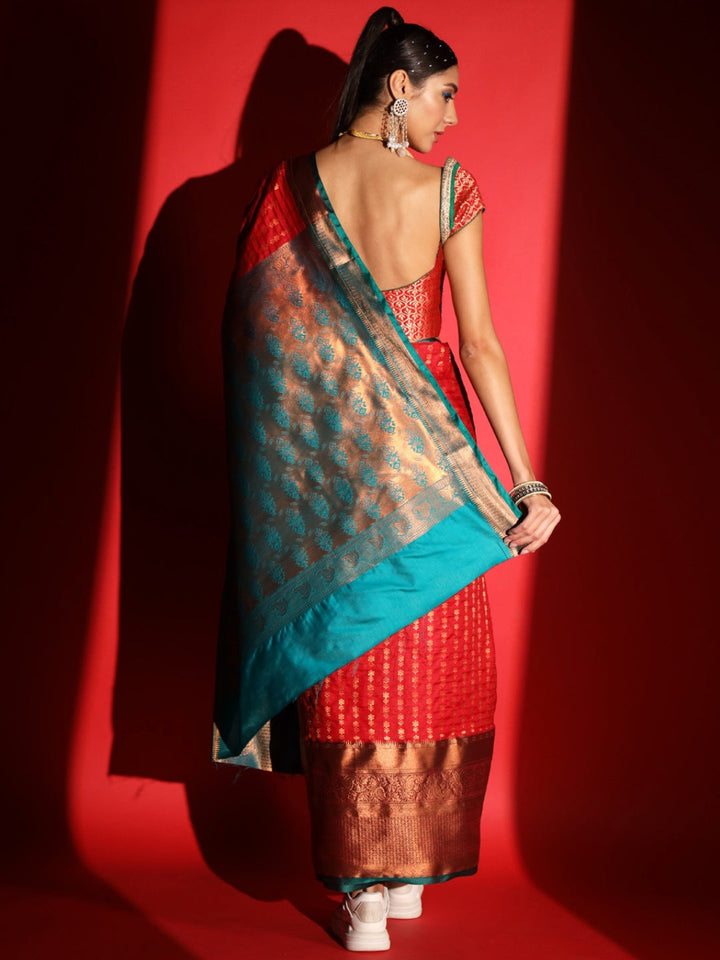 Red Banarasi Silk Saree with Copper Weaving & Contrast Border